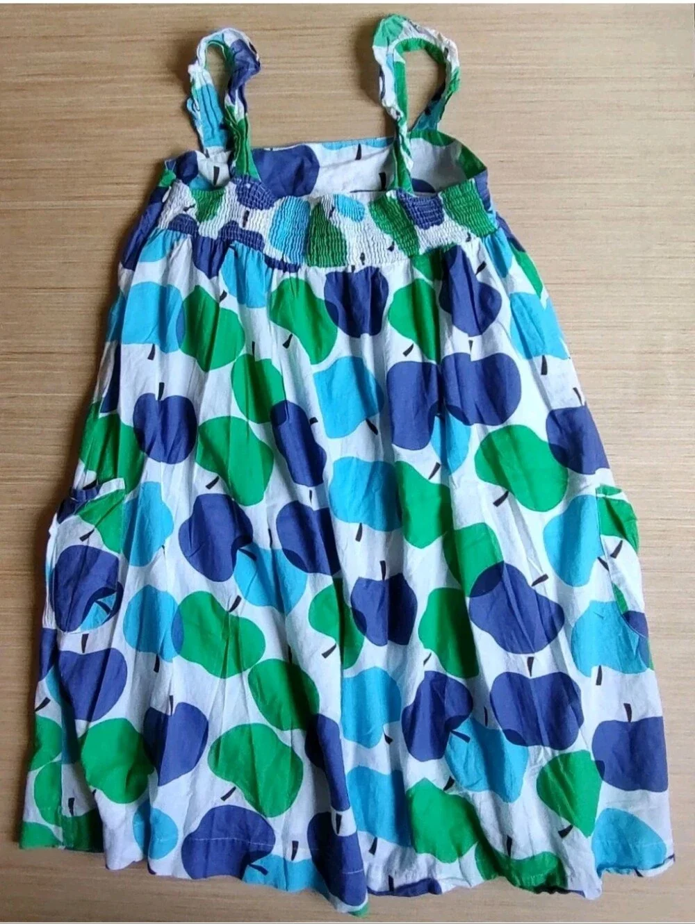 Mini Boden Girls Dress White Blue Green Ruffle Straps Apple Zip Pockets 13 14 Y